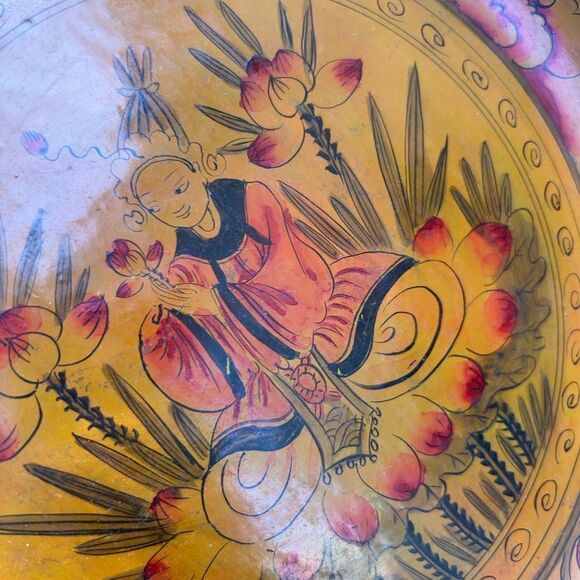 Set of 2 Wax Stamped Vintage Asian Hand Painted Floral Wooden Plates - Picture 6 of 16